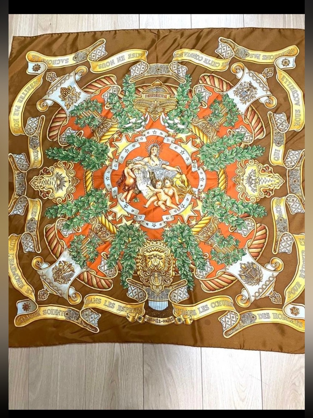 Hermes Brown Orange Green Silk Scarf